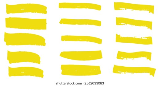 Yellow bright highlight marker lines. Highlighter oval frame and hand drawn doodles vector set.