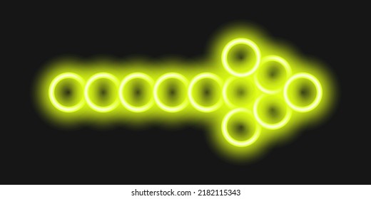 Yellow bright neon arrow. Lightning direction sign made of round shapes on dark background. Motel, cinema, night club or bar banner. Vector realistic illustration.