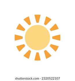 Yellow bright summer sun with light beams heat sunshine sunlight warm weather 80s retro icon vector flat illustration. Hot sunny solar sunbeam natural rays temperature season paradise travel vacation