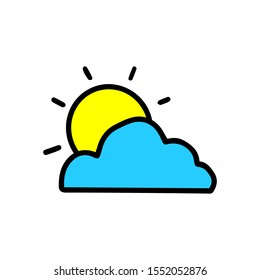 Yellow bright sun sets behind a blue cloud. Vector doodle outline illustration isolated on white background. Cartoon design for kinds print, Logotype, icon, coloring book, t shirt, cup, postcard. 