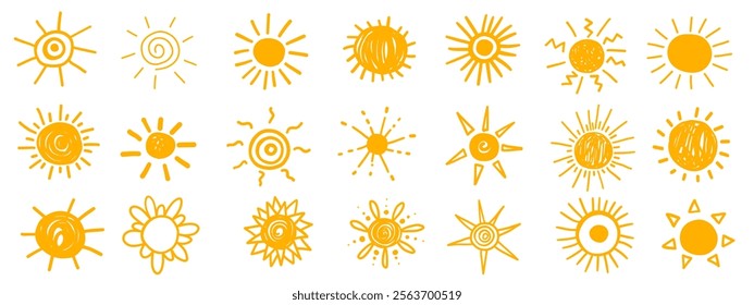 Yellow bright sun sunbeam solar energy electricity doodle sketch collection. Vector weather logo paint illustration set.