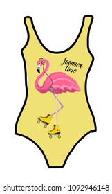 Yellow bright swimsuit with flamingos, headphones and rollers. Summer poster.  Vector illustration for t-shirt, design template for card, poster, flyer and other user