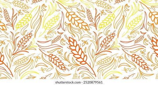 Yellow bright vector seamless wheat pattern. Farm ears of wheat bread symbols. Agriculture. Lines dynamic shapes. Vector template Illustration for trending design. Hand drawn unique print EPS 10.