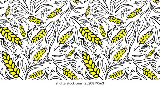 Patrón de trigo transparente de Vector brillante amarillo. Granja de orejas de símbolos de pan de trigo. Agricultura. Líneas Formas dinámicas. Ilustración de Plantilla de Vector para diseño de tendencias. Dibujado a mano impresión única EPS 10.