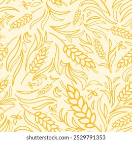 Yellow bright vector seamless wheat pattern. Farm ears of wheat bread symbols. Agriculture. Lines dynamic shapes. Vector template Illustration for trending design. Hand drawn unique print EPS 10.