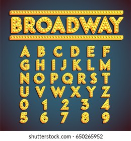 Yellow 'Broadway' font with lamps turned on, vector illustration