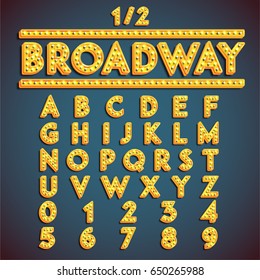 Yellow 'Broadway' font with lamps turned on, vector illustration