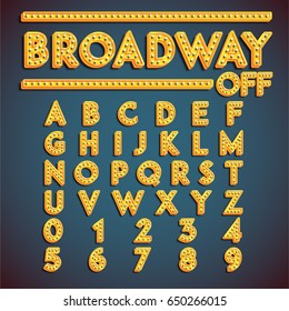 Yellow 'Broadway' font with lamps turned off, vector illustration