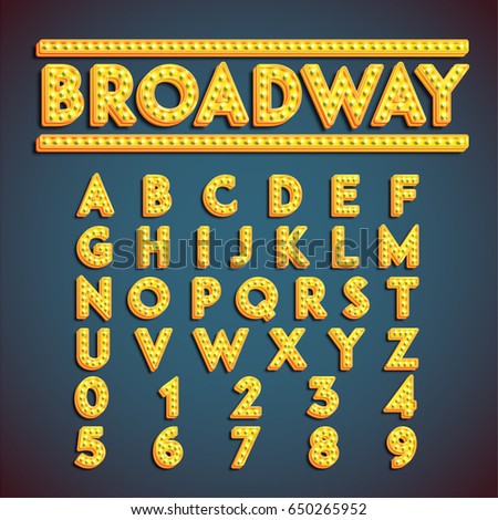 Yellow 'Broadway' font with lamps turned on, vector illustration