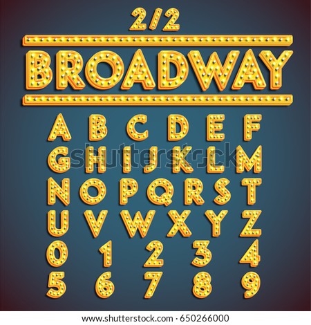 Yellow 'Broadway' font with lamps turned on, vector illustration