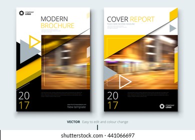 Yellow Brochure design. Corporate business template for report, catalog, magazine. Layout with modern styled photo and abstract triangle shapes. Creative presentation, poster, flyer or banner concept