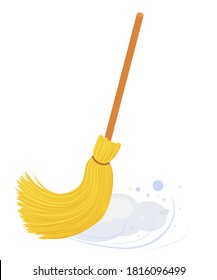 yellow broom with long wooden handle sweeping floor. Broom isolated on white, household implement from dust and dirt vector illustration