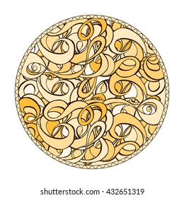 Yellow, brown and beige round coloring page design with doodle pattern for adults
