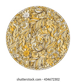 Yellow, brown and beige round coloring page design with doodle pattern for adults