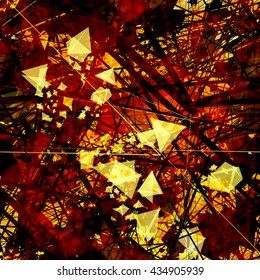 Yellow, brown & black. Grunge pattern of translucent geometric spots and diagonal stripes. Intersecting lines like a spider web. Scattering triangles like crystals and gems. Seamless vector background