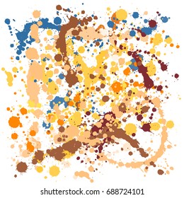 Yellow brown and blue  ink paint splashes vector colorful background square. Ink splatter, paint splashes, liquid background stains.