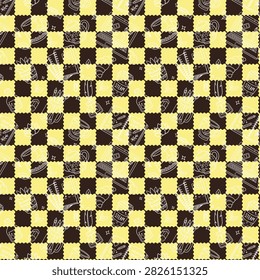 Yellow Brown Checkerboard Study Pattern With Tea Laptop Notebook Pencils Plants And Art Supplies Fun