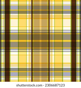 Yellow with brown checkered print. Seamless vector pattern, the intersection of thin and wide stripes. White background. A beautiful and stylish decoration for the design of any interior.