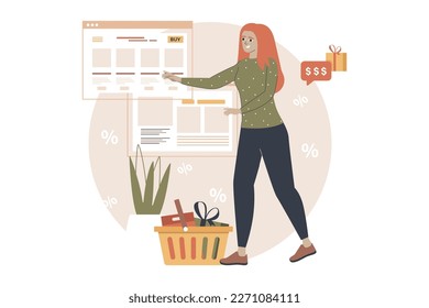 Yellow and brown concept shopping with people scene in the flat cartoon design. Woman chooses the goods she wants to order and adds them to the online basket. Vector illustration.