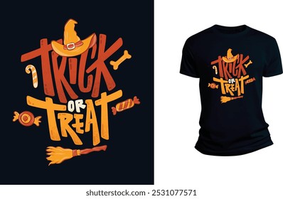 Amarelo e marrom Truque criativo ou Tratar T- shirt, feliz halloween tshirt design, Spooky, outono, citações, bruxas, chapéu, assustador, abóbora, silhueta, festa, Natal