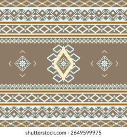 Yellow and brown cross-stitch ethnic seamless pattern with geometric ornament. Boho style. Pixel pattern. Ideas for carpet, rug, wall tapestry, table runner, cushion, and upholstery.