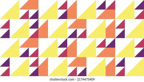 Yellow, brown, dark purple, and light purple colors. Vector. A collection of triangles of various sizes. Repeating pattern. Ornament. Creative. Decorative. Pastel colors. Abstract. Illustration. 