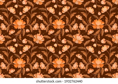 Yellow brown flowers and leaf seamless pattern. This pattern is suitable for fabrics, textiles, gift wrapping, wallpaper, background, backdrop or whatever you want to create.