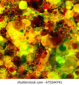 Yellow, brown and green colors. Grunge texture from spots, small triangles, sharp elements. Abstract vector background. Seamless pattern for fabric, wrapping, home decor. 
