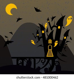 Yellow and brown halloween castle. Nice vector illustration