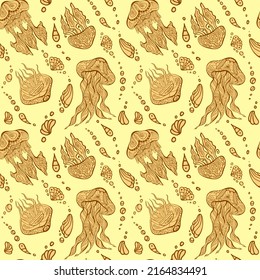 Yellow and brown jellyfish chaotic seamless pattern. Ocean zendoodle endless texture for fabric, gift paper, cosmetics. Zen art sea nettle random repeat surface design. Trendy sea blubber background.