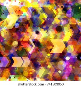 Yellow, brown, purple, violet, yellow, black colors. Watercolor effect. Seamless texture with spots and arrows. Abstract vector background for web page, banners, fabric, home decor, wrapping