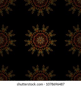 Yellow, brown and red abstract floral ornament, vector seamless pattern of abstract decorative elements.