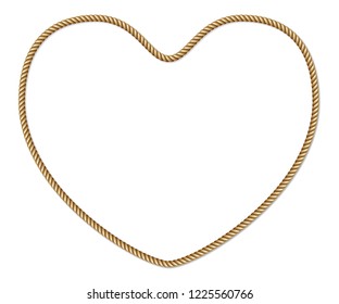 Yellow brown rope, heart shaped border, vector frame isolated on white background