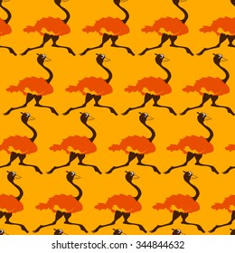 Yellow brown seamless pattern with funny running ostrich. Animals print background.