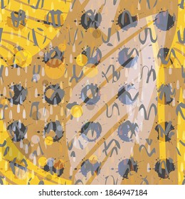 Gelbe und braune nahtlose Textur mit Strichen und Löchern. Abstrakter Vektorhintergrund für Webseiten, Banner-Hintergrund, Stoff, Innendekor, Umhüllung
