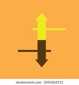 Signo amarillo y marrón que apunta hacia arriba y hacia abajo delante del fondo