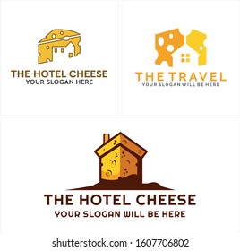 Yellow brown slice cheese hole combination home modern logo vector suitable for travel hotel store snack food business construction building