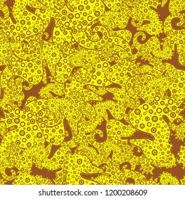 Yellow and brown and turquoise sea life. Funny hippocampus. Vector. Hand drawn illustration. Summer exotic symbol. Cute seamless pattern for girls, boys, clothes, wallpaper. Watercolor illustration.