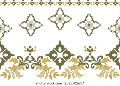 Yellow, brown, white embroidery, motif ethnic ikat seamless textile illustration, print striped ornament, pattern, design for wrapping, silk, scarf, clothing, background, textile, carpets, curtains.
