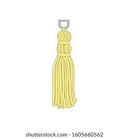 Yellow brush with a fringe of threads on a metal ring. Accessory and decoration, fashion concept, isolated vector illustration.