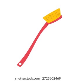 Pincel amarillo en mango curvo rojo largo. Cepillo para limpiar lugares de difícil acceso, inodoros disponibles. Herramienta de limpieza