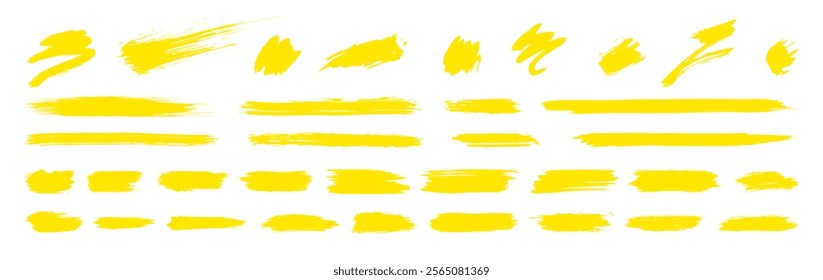 Yellow brush paint background strokes. Vector straight line splashes. Grunge ink paintbrush banner template. Abstract watercolor doodle strip shapes, underlines, highlights. Isolated acrylic swirl set