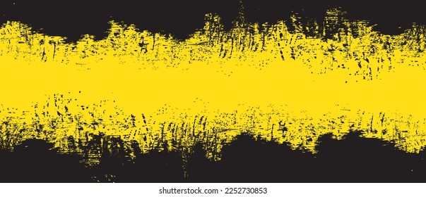 Yellow brush stroke background. Black ink splash on backdrop. Brush background for wallpaper, paint splatter template, dirt banner, watercolor design, dirty texture. Trendy brush background, vector