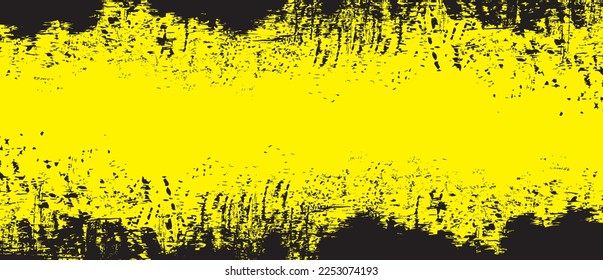 Yellow brush stroke background. Black ink splash on backdrop. Brush background for wallpaper, paint splatter template, dirt banner, watercolor design, dirty texture. Trendy brush background, vector