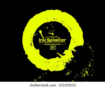 Yellow brush stroke in the form of a circle. Drawing created in ink sketch handmade technique. Isolated on black background