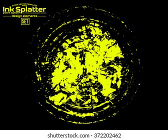 Yellow brush stroke in the form of a circle. Drawing created in ink sketch handmade technique. Isolated on black background