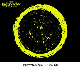 Yellow brush stroke in the form of a circle. Drawing created in ink sketch handmade technique. Isolated on black background