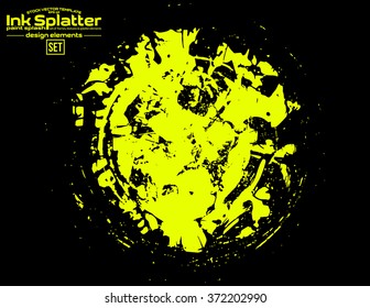 Yellow brush stroke in the form of a circle. Drawing created in ink sketch handmade technique. Isolated on black background