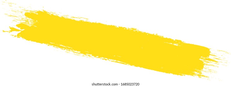 Golpe de pincel amarillo aislado en fondo blanco. Trazo de pincel a la moda para pintura de tinta amarilla, fondo de fondo de grunge, banner de suciedad, diseño de acuarela y textura sucia. Ilustración vectorial de pincel