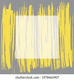 Yellow brush stroke with white square for text on grey background.  Colors of the year 2021. Grunge abstract background brush paint texture